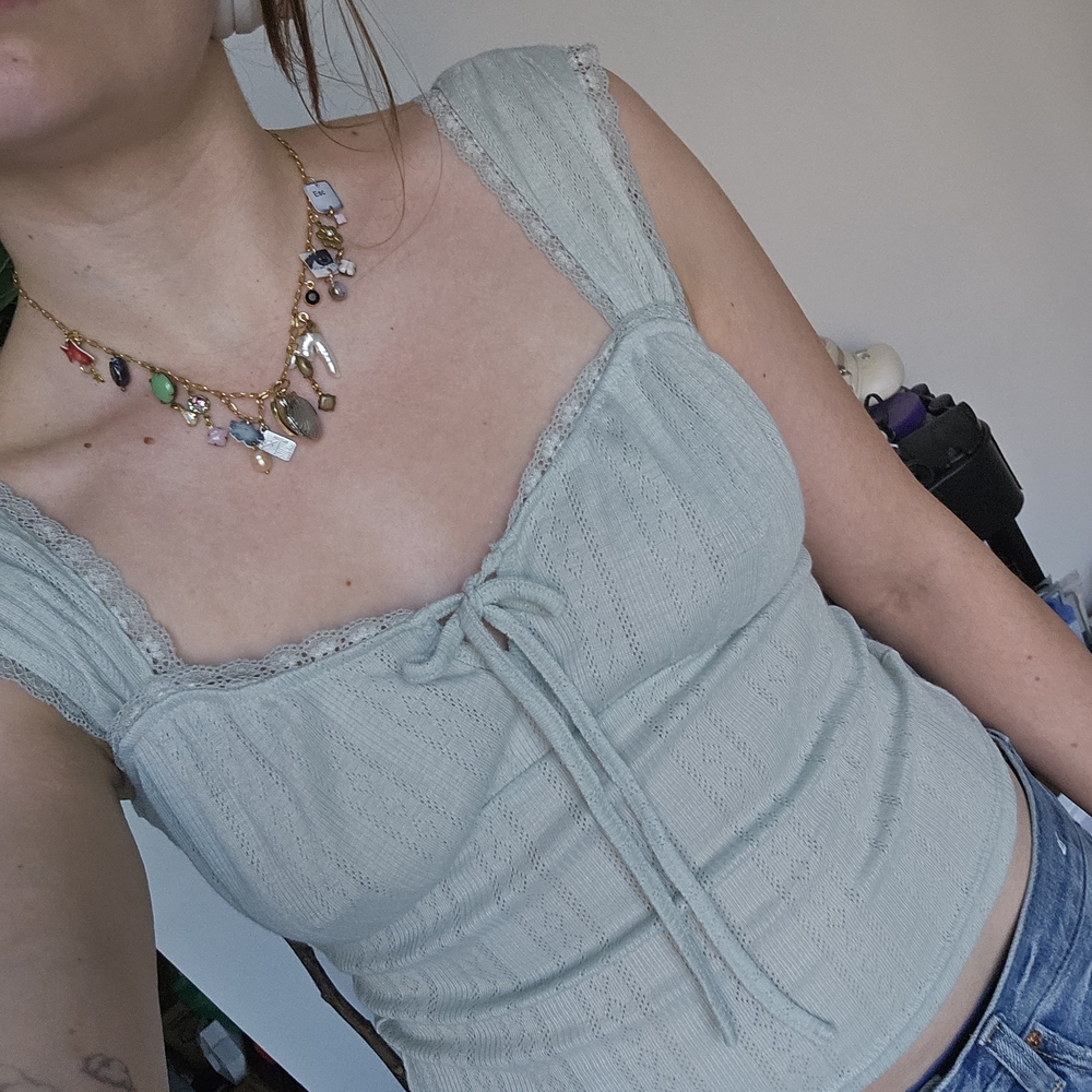 Lace Trim Tie Front Knit Top Size M in Soft Foam Green